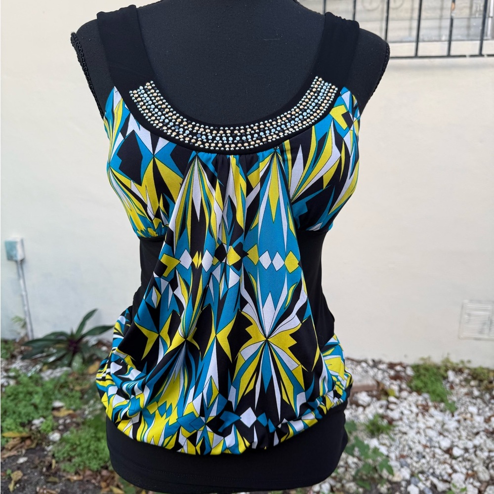 Y2k Stylish Women's Geometric Top - Black, Blue, Yellow
